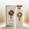 Gulf Orchid Reflection For Her 100ml by Gulf Orchid — White perfume bottle and its box, both featuring an orange circle with a flamingo and palm leaves design. | Gulf Orchid Reflection For Her 100ml by Gulf Orchid — Botol minyak wangi putih dan kotaknya, kedua-duanya menampilkan bulatan oren dengan reka bentuk