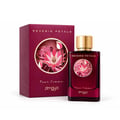 Zimaya Reverie Petals by Zimaya 100ml EDP Women — A woman's hand with dark red nails reaches for the gold cap of a deep red perfume bottle, next to its matching box, surrounded by dark red flowers and delicate white blossoms on a marble surface.