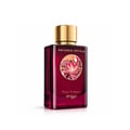 Zimaya Reverie Petals by Zimaya 100ml EDP Women — A woman's hand with dark red nails reaches for the gold cap of a deep red perfume bottle, next to its matching box, surrounded by dark red flowers and delicate white blossoms on a marble surface.