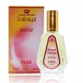 Al Rehab Sabaya 50ml EDP — A clear glass perfume bottle with a peach-colored cap sits next to its pink and yellow gradient box, both featuring the Sabaya branding. | Al Rehab Sabaya 50ml EDP — Botol minyak wangi kaca jernih dengan penutup berwarna pic duduk di sebelah kotak gradien merah jambu dan kuningnya
