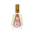 Al Rehab Sabaya 50ml EDP — A clear glass perfume bottle with a peach-colored cap sits next to its pink and yellow gradient box, both featuring the Sabaya branding. | Al Rehab Sabaya 50ml EDP — Botol minyak wangi kaca jernih dengan penutup berwarna pic duduk di sebelah kotak gradien merah jambu dan kuningnya