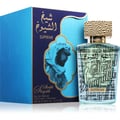 Lattafa Sheikh Al Shuyukh Supreme by Lattafa 100ml — A blue and green faceted glass perfume bottle with a gold textured cap sits next to its blue and light blue patterned box, which features an image of a man in traditional headwear. | Lattafa Sheikh Al Shuyukh Supreme by Lattafa 100ml — Botol kaca berfaset biru dan