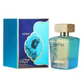 Lattafa Sheikh Al Shuyukh Supreme by Lattafa 100ml — A blue and green faceted glass perfume bottle with a gold textured cap sits next to its blue and light blue patterned box, which features an image of a man in traditional headwear. | Lattafa Sheikh Al Shuyukh Supreme by Lattafa 100ml — Botol kaca berfaset biru dan