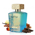 Lattafa Sheikh Al Shuyukh Supreme by Lattafa 100ml — A blue and green faceted glass perfume bottle with a gold textured cap sits next to its blue and light blue patterned box, which features an image of a man in traditional headwear. | Lattafa Sheikh Al Shuyukh Supreme by Lattafa 100ml — Botol kaca berfaset biru dan