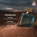 Lattafa Sheikh Al Shuyukh Supreme by Lattafa 100ml — A blue and green faceted glass perfume bottle with a gold textured cap sits next to its blue and light blue patterned box, which features an image of a man in traditional headwear. | Lattafa Sheikh Al Shuyukh Supreme by Lattafa 100ml — Botol kaca berfaset biru dan