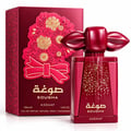Asdaaf Sougha — Red perfume bottle with gold speckles and ornate floral embossed box with a red bow