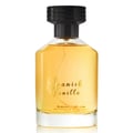Al Rehab Spanish Vanilla Eau De Parfum 100ml — A clear glass perfume bottle with golden liquid and a black cap sits in front of its cream-colored box, which features a yellow orchid and vanilla bean illustration. | Al Rehab Spanish Vanilla Eau De Parfum 100ml — Botol minyak wangi kaca jernih dengan cecair keemasan dan