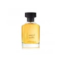 Al Rehab Spanish Vanilla Eau De Parfum 100ml — A clear glass perfume bottle with golden liquid and a black cap sits in front of its cream-colored box, which features a yellow orchid and vanilla bean illustration. | Al Rehab Spanish Vanilla Eau De Parfum 100ml — Botol minyak wangi kaca jernih dengan cecair keemasan dan