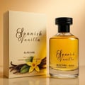 Al Rehab Spanish Vanilla Eau De Parfum 100ml — A clear glass perfume bottle with golden liquid and a black cap sits in front of its cream-colored box, which features a yellow orchid and vanilla bean illustration. | Al Rehab Spanish Vanilla Eau De Parfum 100ml — Botol minyak wangi kaca jernih dengan cecair keemasan dan