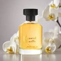 Al Rehab Spanish Vanilla Eau De Parfum 100ml — A clear glass perfume bottle with golden liquid and a black cap sits in front of its cream-colored box, which features a yellow orchid and vanilla bean illustration. | Al Rehab Spanish Vanilla Eau De Parfum 100ml — Botol minyak wangi kaca jernih dengan cecair keemasan dan