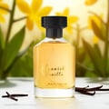 Al Rehab Spanish Vanilla Eau De Parfum 100ml — A clear glass perfume bottle with golden liquid and a black cap sits in front of its cream-colored box, which features a yellow orchid and vanilla bean illustration. | Al Rehab Spanish Vanilla Eau De Parfum 100ml — Botol minyak wangi kaca jernih dengan cecair keemasan dan