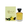 Al Rehab Spanish Vanilla Eau De Parfum 100ml — A clear glass perfume bottle with golden liquid and a black cap sits in front of its cream-colored box, which features a yellow orchid and vanilla bean illustration. | Al Rehab Spanish Vanilla Eau De Parfum 100ml — Botol minyak wangi kaca jernih dengan cecair keemasan dan