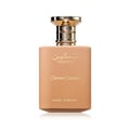 Paris Corner Taskeen Caramel Cascade 100ml — A rectangular perfume box with a marble-like pattern in beige and pink hues, accented with gold glitter stripes and gold text. | Paris Corner Taskeen Caramel Cascade 100ml — Peti minyak wangi berbentuk segi empat dengan corak seperti marmar dalam warna beige dan merah