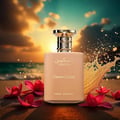 Paris Corner Taskeen Caramel Cascade 100ml — A rectangular perfume box with a marble-like pattern in beige and pink hues, accented with gold glitter stripes and gold text. | Paris Corner Taskeen Caramel Cascade 100ml — Peti minyak wangi berbentuk segi empat dengan corak seperti marmar dalam warna beige dan merah