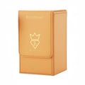 Bujairami Too Damn Good — Clear faceted glass perfume bottle with wooden cap next to orange leather box with gold logo