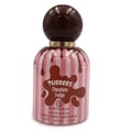 Grandeur Tubbees Chocolate Fudge — A perfume bottle with a chocolate-colored spherical cap and pink and white striped body, with chocolate drips cascading down. Next to it is the product box with the same design. | Grandeur Tubbees Chocolate Fudge — Botol minyak wangi dengan penutup bulat berwarna coklat dan badan