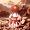 Grandeur Tubbees Chocolate Fudge — A perfume bottle with a chocolate-colored spherical cap and pink and white striped body, with chocolate drips cascading down. Next to it is the product box with the same design. | Grandeur Tubbees Chocolate Fudge — Botol minyak wangi dengan penutup bulat berwarna coklat dan badan