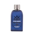 Pendora Ultra Marine 100ml — A dark blue glass perfume bottle with a silver cap stands next to its navy blue box, both featuring a red ship's wheel and anchor emblem. | Pendora Ultra Marine 100ml — Botol kaca biru gelap dengan penutup perak berdiri di sebelah kotak biru navinya, kedua-duanya menampilkan lambang roda