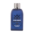 Pendora Ultra Marine 100ml — A dark blue glass perfume bottle with a silver cap stands next to its navy blue box, both featuring a red ship's wheel and anchor emblem. | Pendora Ultra Marine 100ml — Botol kaca biru gelap dengan penutup perak berdiri di sebelah kotak biru navinya, kedua-duanya menampilkan lambang roda