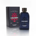 Pendora Ultra Marine 100ml — A dark blue glass perfume bottle with a silver cap stands next to its navy blue box, both featuring a red ship's wheel and anchor emblem. | Pendora Ultra Marine 100ml — Botol kaca biru gelap dengan penutup perak berdiri di sebelah kotak biru navinya, kedua-duanya menampilkan lambang roda