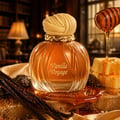 Maison Asrar Vanilla Voyage — Amber glass perfume bottle with a textured peach cap and gold trim, next to its peach box with a perfume silhouette.
