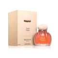 Maison Asrar Vanilla Voyage — Amber glass perfume bottle with a textured peach cap and gold trim, next to its peach box with a perfume silhouette.