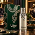 French Avenue Vulcan Vox — Botol minyak wangi emas dengan ular perak melilit lehernya, diletakkan sebelah kotak hijau gelap berhias ular emas dan mata permata hijau.