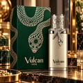 French Avenue Vulcan Vox — Botol minyak wangi emas dengan ular perak melilit lehernya, diletakkan sebelah kotak hijau gelap berhias ular emas dan mata permata hijau.