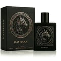 Rayhaan Wolf by Rayhaan 100ml EDP for Men — Black perfume bottle and box with embossed gold wolf head design, set against a white background.