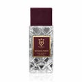 Bujairami Woodlands — Maroon box and faceted glass perfume bottle with gold accents and logo