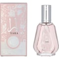 Ard Al Zaafaran Yara Eau De Parfum 50ml — Pink floral patterned box next to a faceted pale pink perfume bottle with a silver cap. | Ard Al Zaafaran Yara Eau De Parfum 50ml — Kotak bercorak bunga merah jambu di sebelah botol minyak wangi merah jambu pucat berfaset dengan penutup perak.